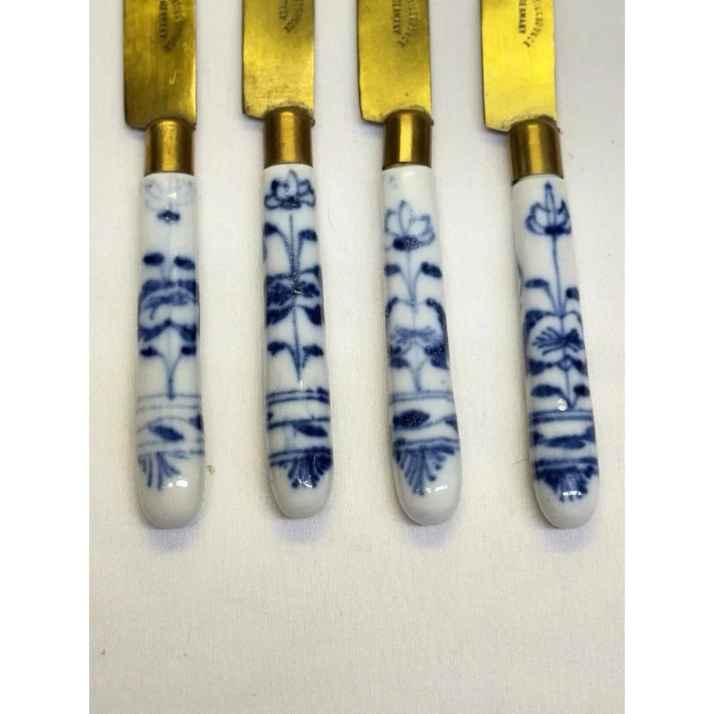 Antique Uchatius Bronce Germany Fruit Knives Set 4 Blue Onion Porcelain